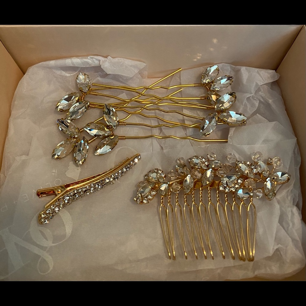 Gold and Crystal Hair Comb, Clip and Pins
